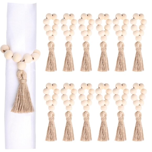 Set of 12 Wood Bead Napkin Rings with Jute Rope Tassels for Christmas Farmhouse - Picture 1 of 7
